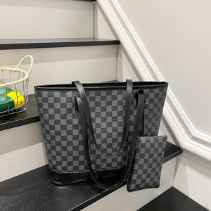 Classic checkered tote bag set with black leather straps and matching small pouch