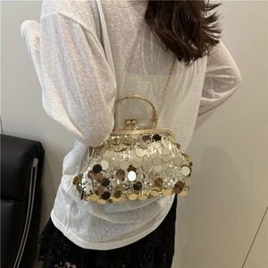 Elegant gold and silver sequin clutch bag with vintage metal clasp and chain strap