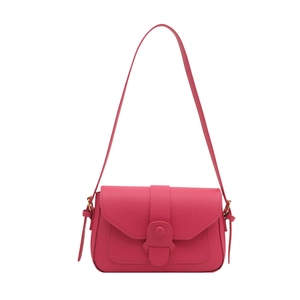Minimalist rose pink small square shoulder bag with flap closure and adjustable strap