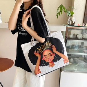 Borsa tote in tela bianca con stampa ragazza corona e manici in corda di cotone spessa