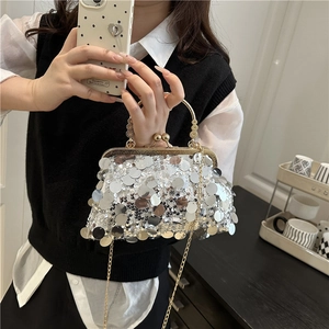 Silver sequin evening bag with gold metal round handle and chain strap for women