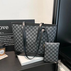 Classic checkered tote bag set with matching pouch for professional office commuting style