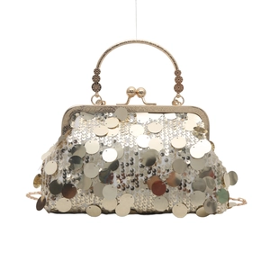 Elegant champagne gold sequin clutch bag with circular handles for evening parties