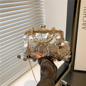 Silver sequin evening clutch bag with gold metal frame and vintage bead clasp and chain
