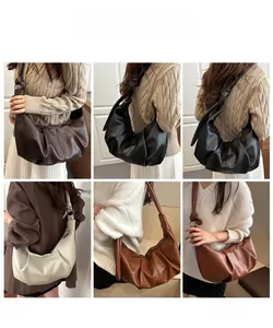 Collage of soft pleated PU leather cloud bags in multiple colors with knot shoulder straps