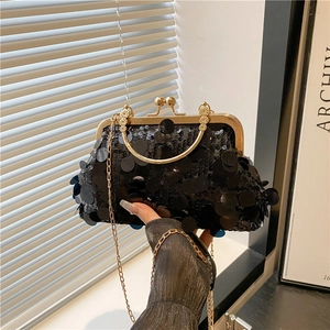 Elegant black sequin evening bag with gold metal handle and spherical clasp for parties