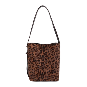 Fashion leopard print tote bag with dark brown leather straps and spacious bucket design
