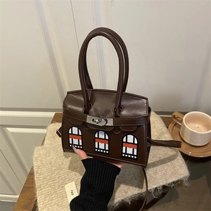 Brown rectangular handbag with window pattern design and silver metallic twist lock