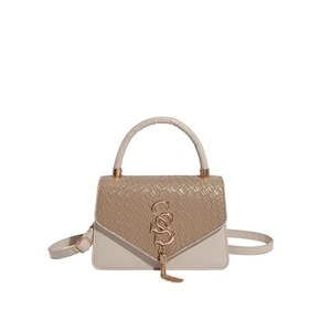 Sac à bandoulière beige et kaki avec rabat motif serpent et détail de pompon doré