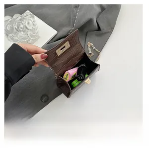 Internal view showing the capacity of the brown crocodile-embossed mini chain handbag