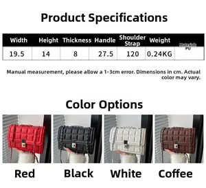 Detailed size chart and specifications for the quilted square PU leather shoulder bag