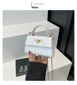 Detailed view of white stone pattern mini square bag with gold metal buckle and chain strap