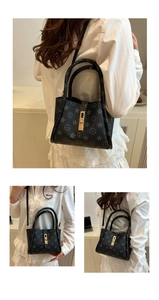 Detailed views of printed tote bag showing back, front and side with gold lock buckle