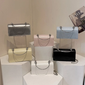 Women PU Patent Leather Crossbody Bag Small Square Handbag With Metal Round Handle And Chain Strap Fashion Daily