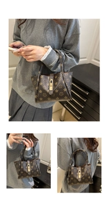 Detail of a brown printed tote bag featuring gold twist-lock and star-patterned PVC leather