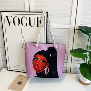 Classica borsa tote in tela viola con stampa cartoon alla moda e manici in corda