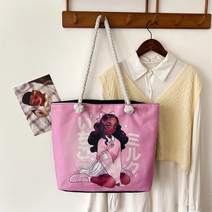 Borsa tote in tela rosa vintage con stampa cartoon e manici in corda nautica