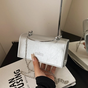 Silver crackle texture chain handbag with metal handle for shoulder and crossbody wear