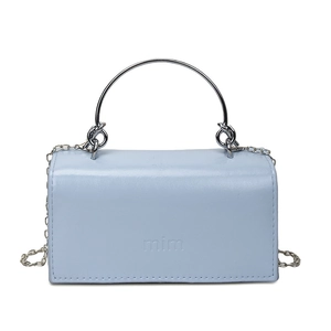 Chic light blue mini square bag with silver metal handle and chain shoulder strap