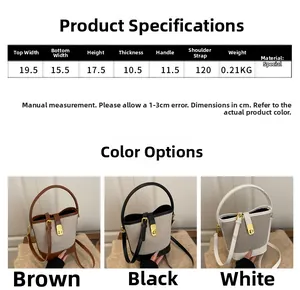 Size chart and detail views of stylish contrast color bucket bag in brown, black, and white