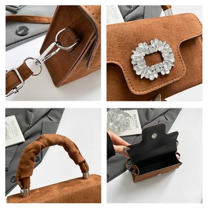 Detail view of brown suede handbag with diamond buckle and pleated handle texture
