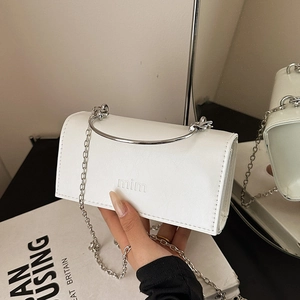 White PU leather small square crossbody bag with silver circular handle and chain strap