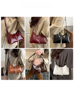 Collage de sacs portés épaule en cuir demi-lune en six couleurs portés par un mannequin