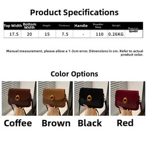 Size chart and dimensions for the vintage crossbody bag with a metal buckle and matte finish