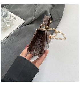 Detail view of brown crocodile texture leather and golden metal chain of the handbag