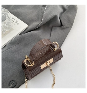 Macro view of dark brown stone textured mini handbag with gold chain strap and metal lock