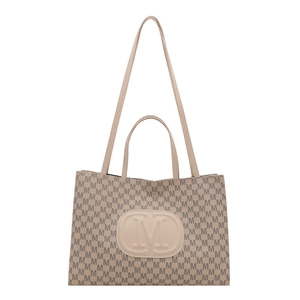 Beige tote bag with all-over M letter print and logo featuring handles and shoulder strap