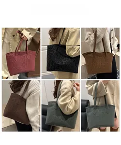 Detailed grid view showing six colors of leopard embossed suede tote bags on models