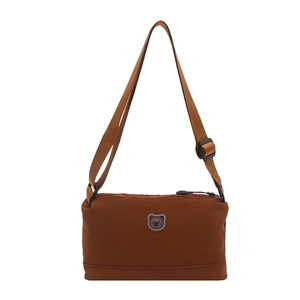 Brown lightweight nylon crossbody bag with cute bear patch and adjustable strap
