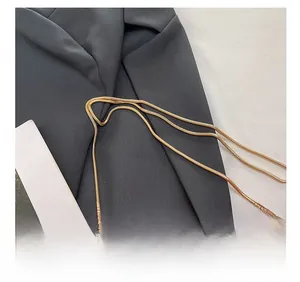 Close-up detail of smooth gold snake chain strap on a designer handbag with grey fabric