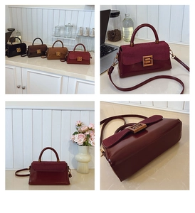 Detail of vintage square handbags in four colors with suede panels and gold S-buckle hardware