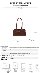 Detailed size parameters and capacity chart for the brown PU leather shoulder handbag