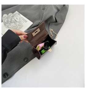 Detail view showing interior capacity of brown crocodile texture mini bag with gold chain