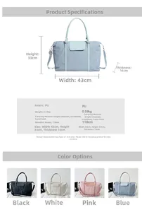 Detailed size specifications and 4-color options for the PU leather large travel tote bag