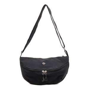 Minimalist black canvas dumpling crossbody bag with round logo and adjustable strap