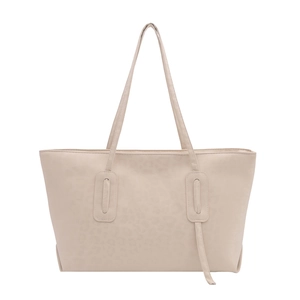 Minimalist beige tote bag in matte PU leather with subtle leopard texture and top handles