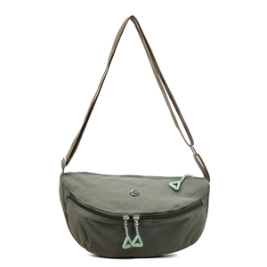 Lightweight army green nylon crescent crossbody bag with adjustable strap and front pocket