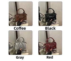 Four vintage motorcycle style crossbody bags in coffee, black, grey and red colors