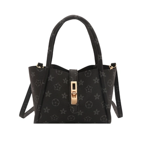 Black leather tote bag with grey star prints and golden twist lock closure for women