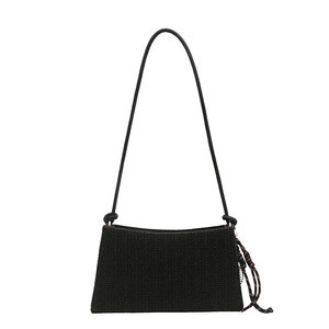 Minimalist black woven shoulder bag for women with decorative rope strap details