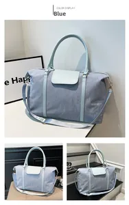 Detail of light blue travel bag with wrinkled nylon texture and adjustable shoulder strap