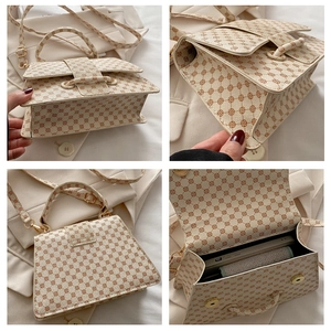 Detailed views of vintage cream handbag with geometric pattern and golden hardware