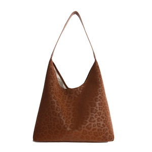 Large leopard print tote bag with brown faux suede texture and leather handles