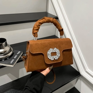 Women Ruched Handle PU Leather Shoulder Bag Rhinestone Buckle Crossbody Handbag Fashion Elegant Solid Color Satchel Purse