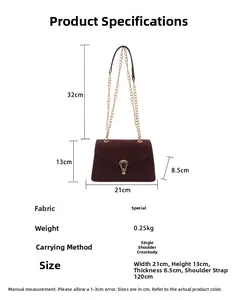 Detailed view of burgundy leopard texture bag with gold chain and size dimensions