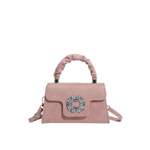 Pink suede handbag with sparkling rhinestone buckle and pleated top handle for women